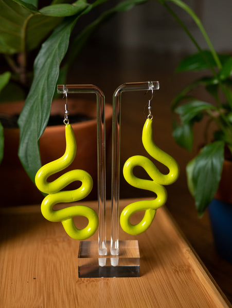 Lime Green Long Squiggle Earrings