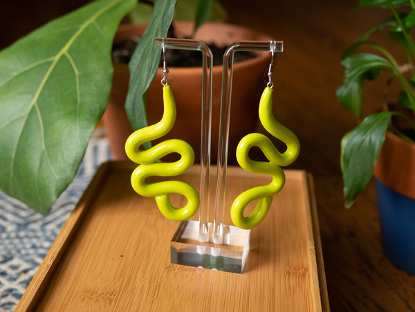 Lime Green Long Squiggle Earrings
